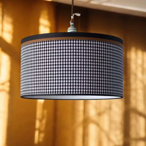 abat-jour vichy noir et blanc bordure moka pour suspension ou lampe