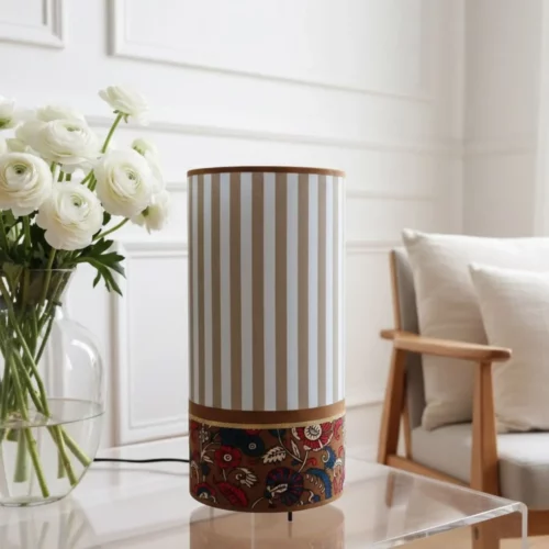 Lampe à poser – Tissu Blockprint Indien floral sur fond ocre et tissu rayé