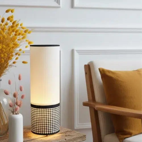 Lampe à poser tube - motif Vichy & coton ivoire
