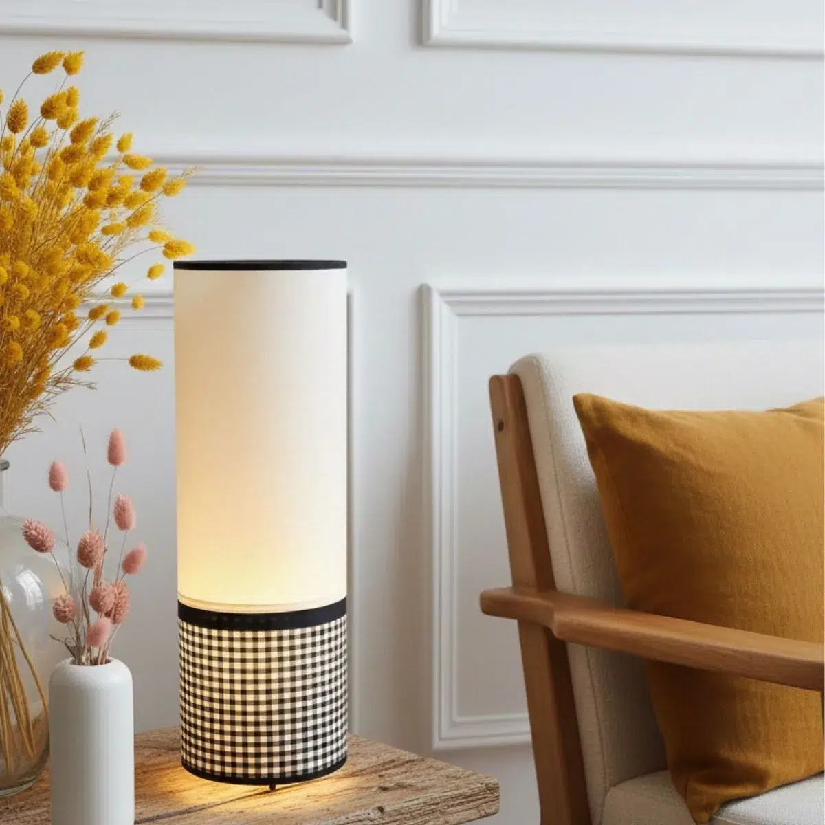 Lampe à poser tube - motif Vichy & coton ivoire